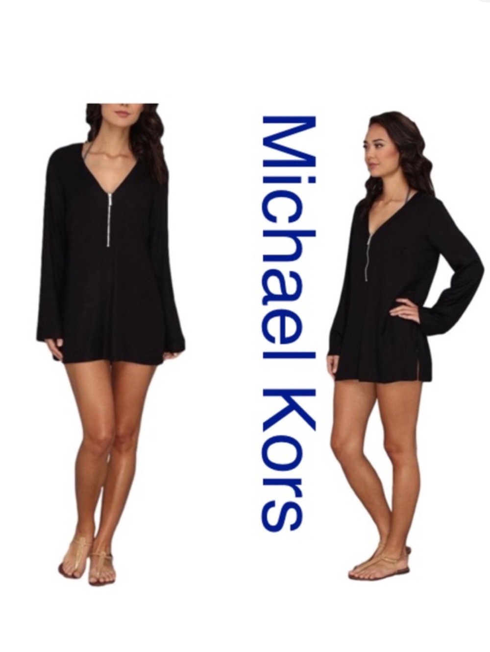 Michael Kors Women's Navy Long-Sleeve Zip V-Neck Cover Up Tunic Size S
